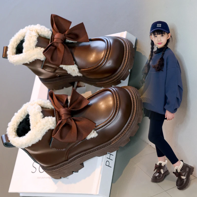 

Children's fleece-lined boots princess short boots for girls new winter boots for students snow boots made of cotton