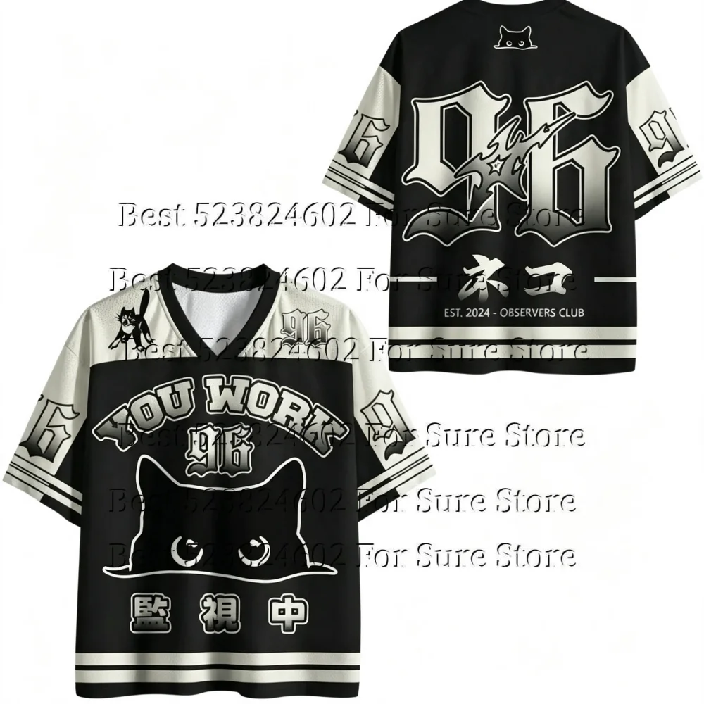 Summer Mesh Breathable Hockey Jersey T-shirt Japanese Neko Monitor Print V Neck Color Block Short Sleeve Y2K Hip Hop Unisex Tops