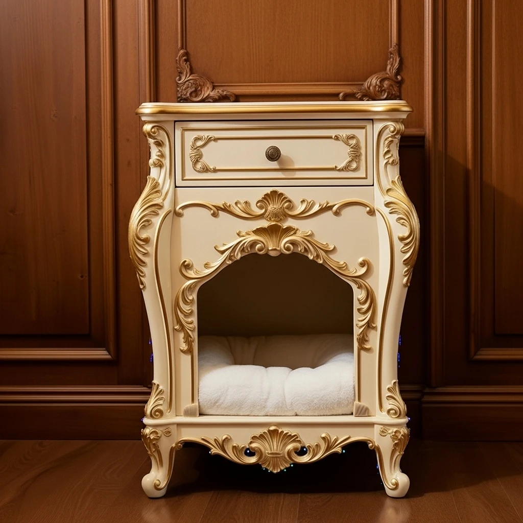 Luxury European Style Bedside Cabinet with Pet House, Hand-Carved Design for Dogs and Cats