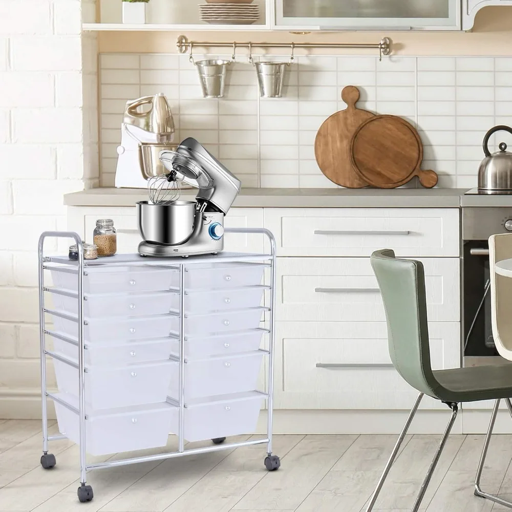 عربة تخزين دوارة ذات سعة كبيرة مع إطار معدني و12 درجًا أملسًا، منظم حرفي على عجلات للتخزين الفعال