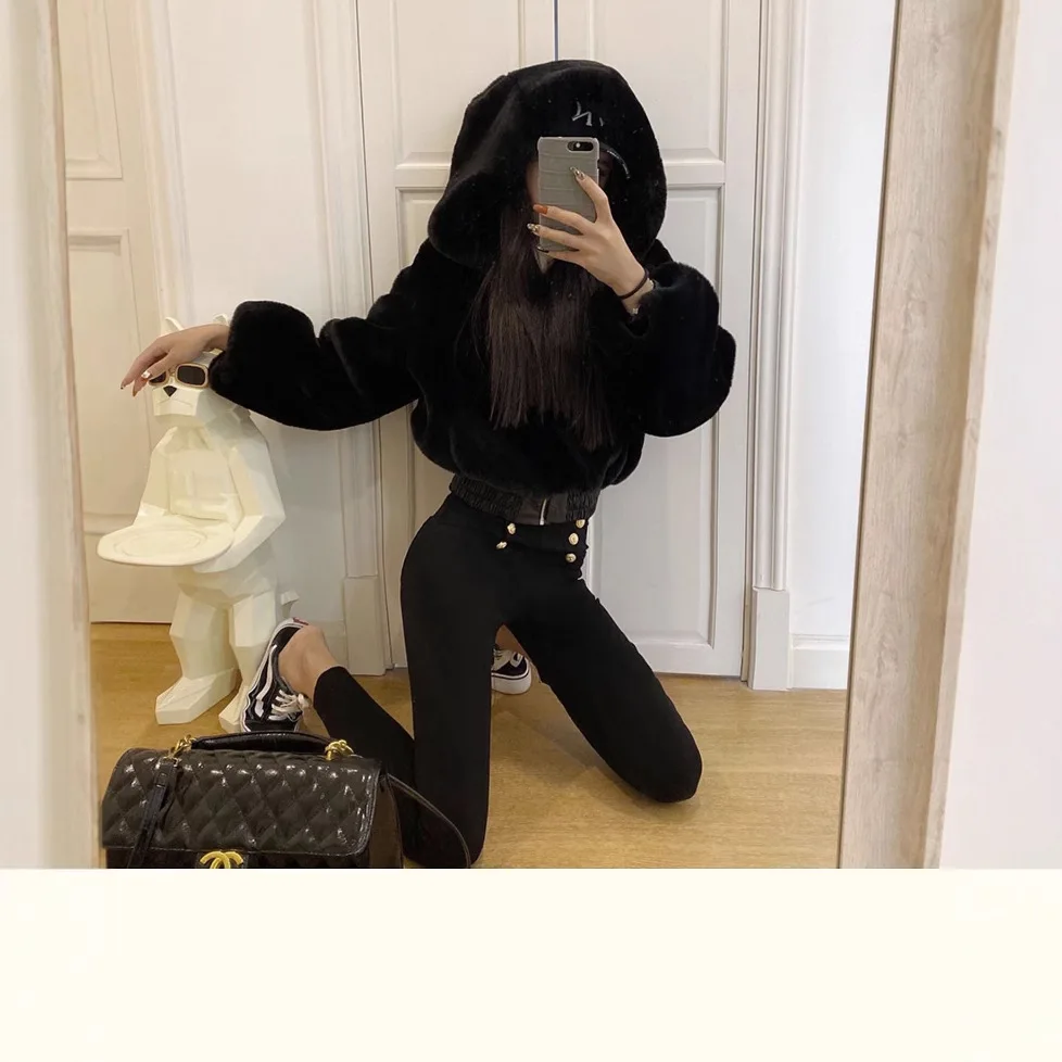 Autumn Winter Streetwear Short High Waist Plush Hooded Women's Coat Trendy Plush Patchwork