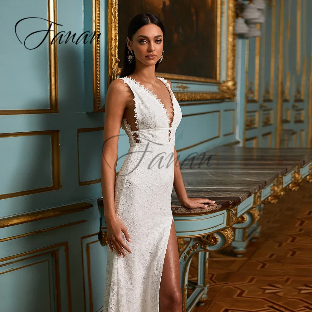 Sexy głębokie dekolt Mermaid suknie wieczorowe przód wysoki podział Backless bez rękawów koronkowa suknia wieczorowa robe de soirée femme vestidos