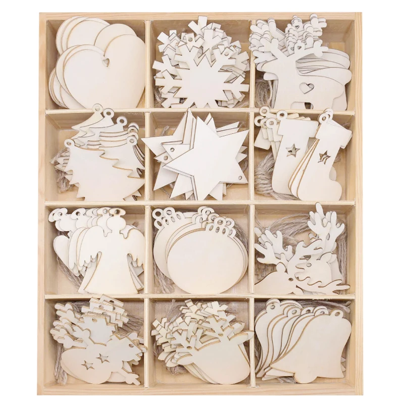 10pcs/lot Christmas Blank Wooden Slice Snowflake Angel Elk Bells Shape Wooden Ornament for Christmas Tree DIY Hanging Decoration