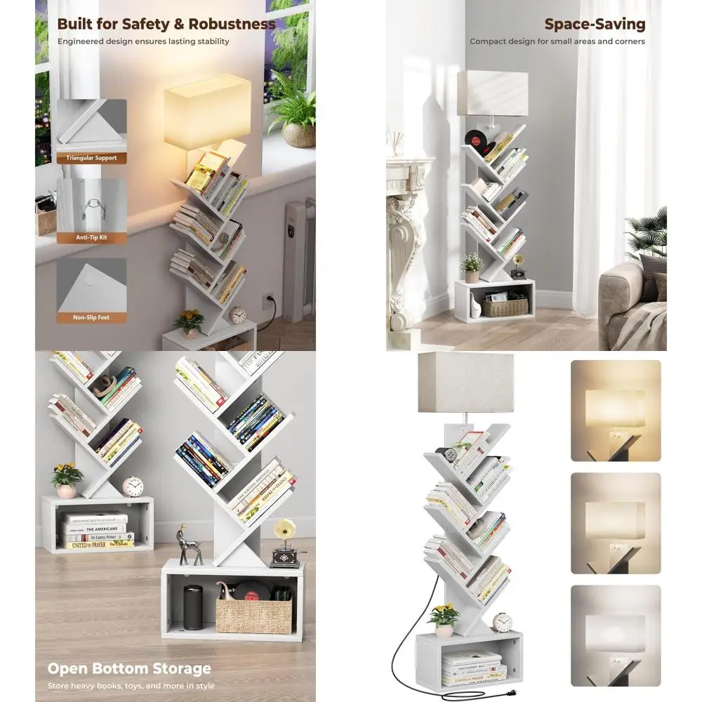 

6-Tier Slim Bookshelf with Lighting, Tall Floor Standing Storage Unit for Home, White
