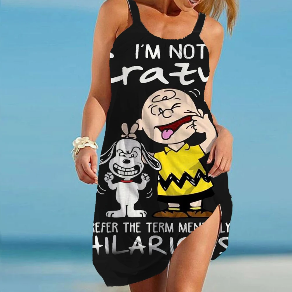 Women's Beach Dresses Snoopy Kawaii 2024 Summer Youthful Woman Clothes Y2k Anime Sanrio Leisure Elegant Chic Dress Boho Sling