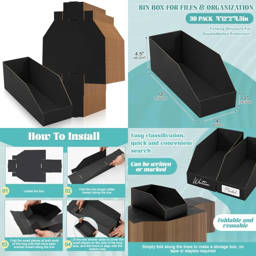30 Pack 12 x 4 x 4. 5 Inches Cardboard Storage Bins Open Top Bin Boxes Black Corrugated Shelf Organizer Bins for Pantry, Parts,