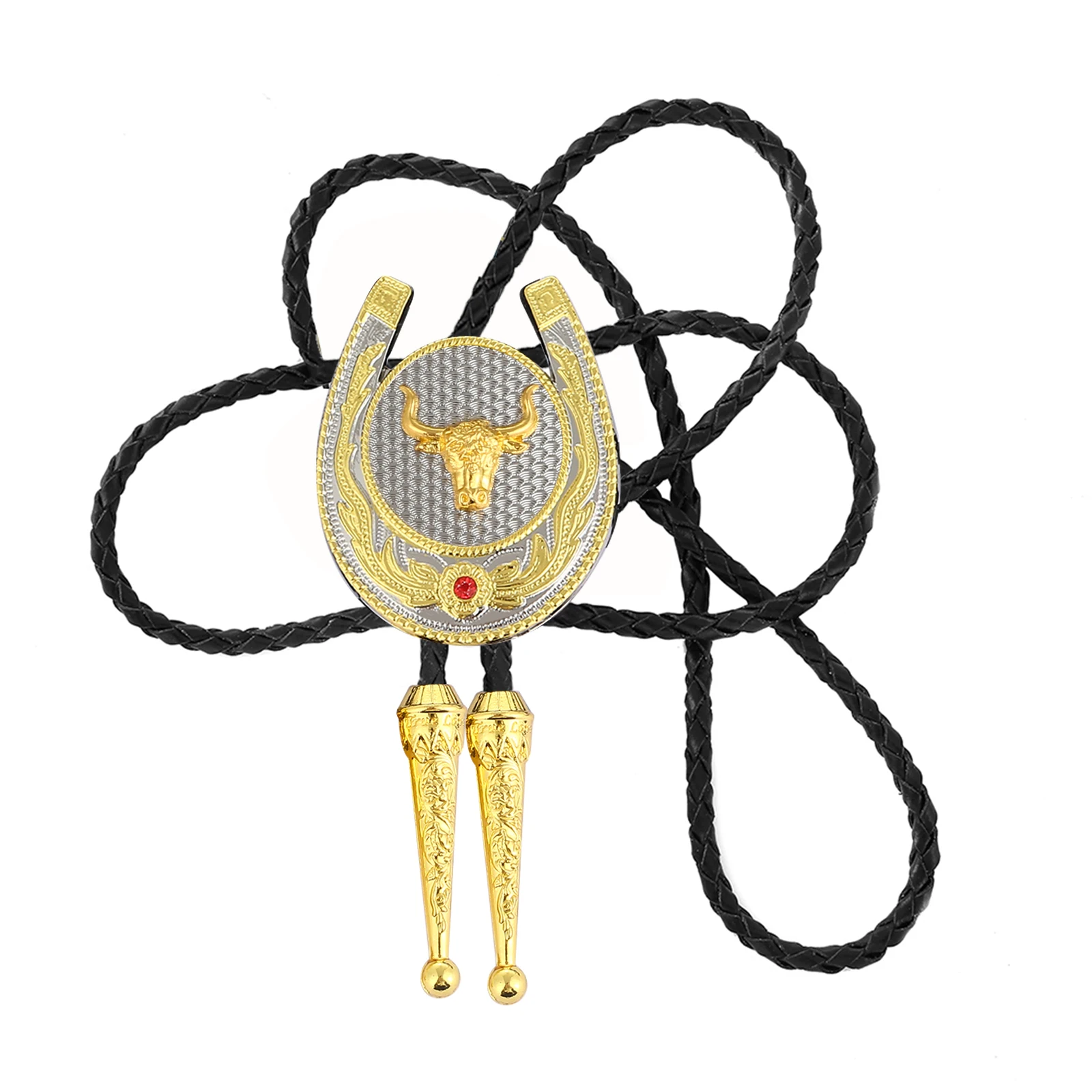 

Naturel Stone Gold U Shape Bull Head Bolo Tie For Man Indian Cowboy Western Cowgirl Leather Rope Zinc Alloy Necktie