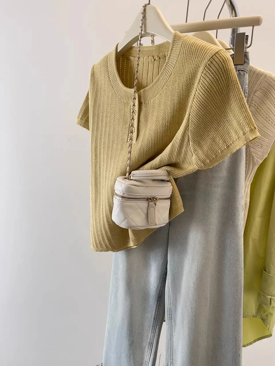 Loose Ice Silk ort Sve T-irt Women's Summer Hollow out f Open Collar Top Belly Covering Small irt Korean Sle