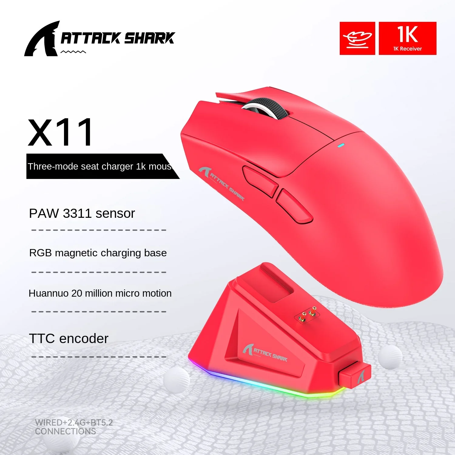 Imagem -02 - Attack Shark X11 Modo Triplo sem Fio Ultraleve Bluetooth Mouse 22000dpi Gaming Mouse Touch Base de Carregamento Magnético pc Wins