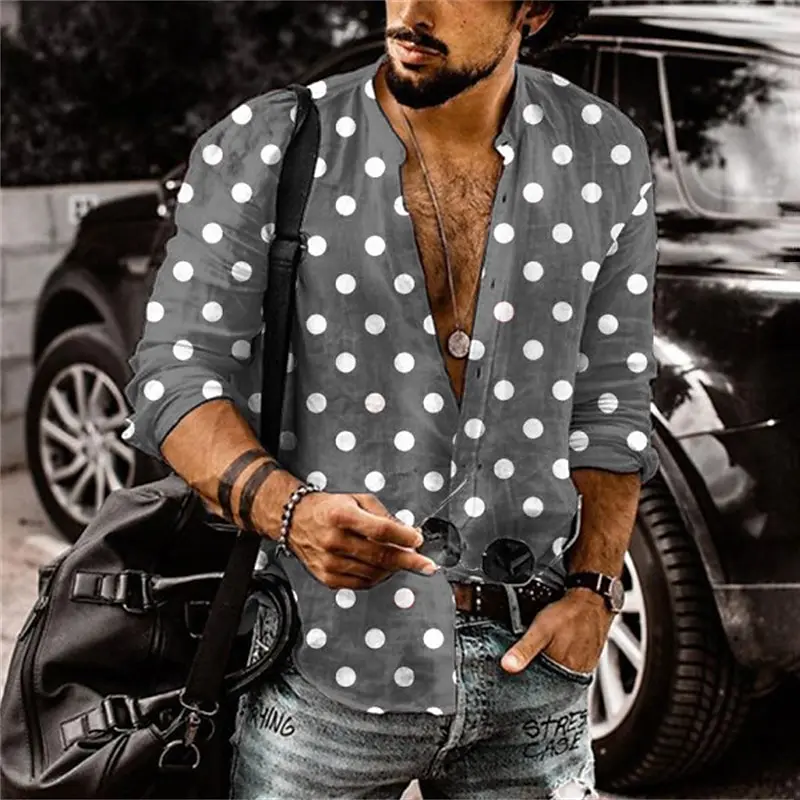 Men\'s ruby red long sleeve polka dot stand collar outdoor street buttoned clothing fashionable casual breathable and comfortable