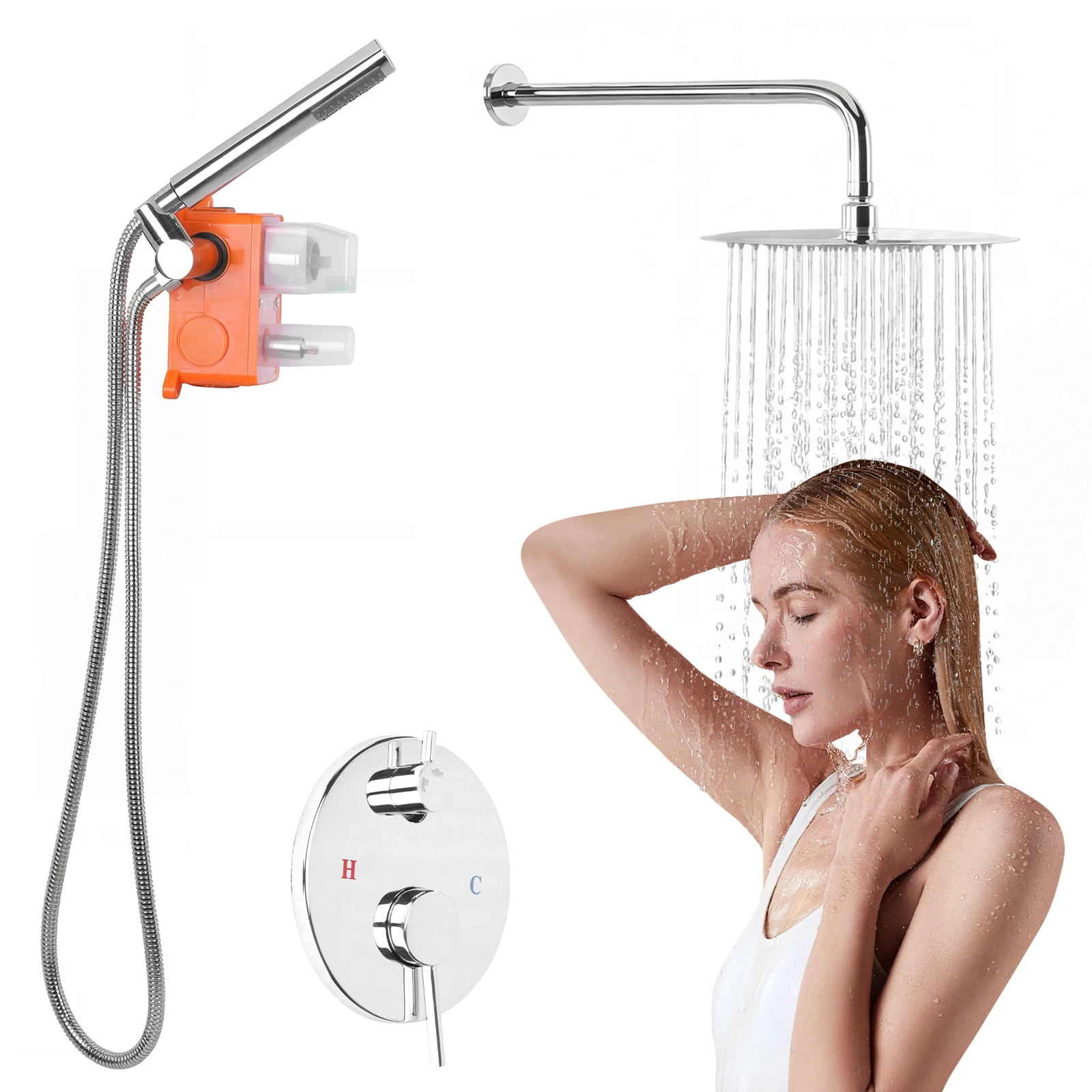 

Metal Shower Faucet Trim Repair Kits with 10 Inch Showerhead Rain Shower Head and Handle Set with Rough-in Valve for Hard Water