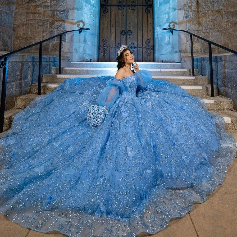 Vestidos de Quinceañera de cristal de manga larga azul, vestido de baile de lentejuelas Glittler, vestido de baile de 15 años sin hombros, flores 3D, vestido de Graduación