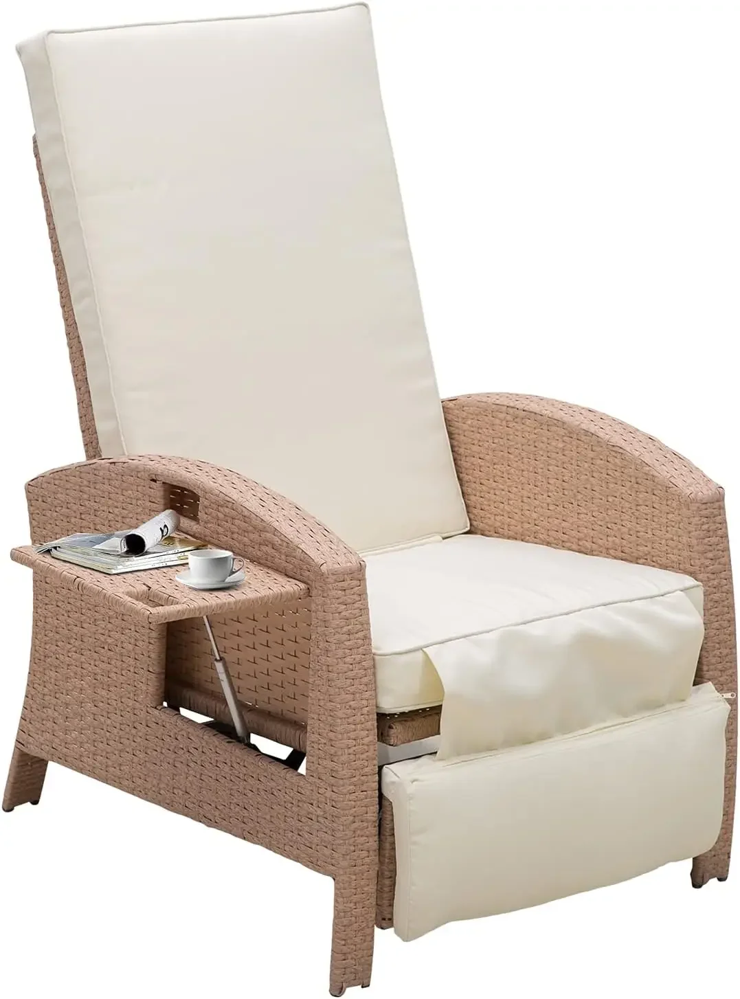 

Patio Recliner,Outdoor Reclining Chair with Flip-Up Side Table, All-Weather Wicker Metal Frame Chaise with Footrest, Cushions