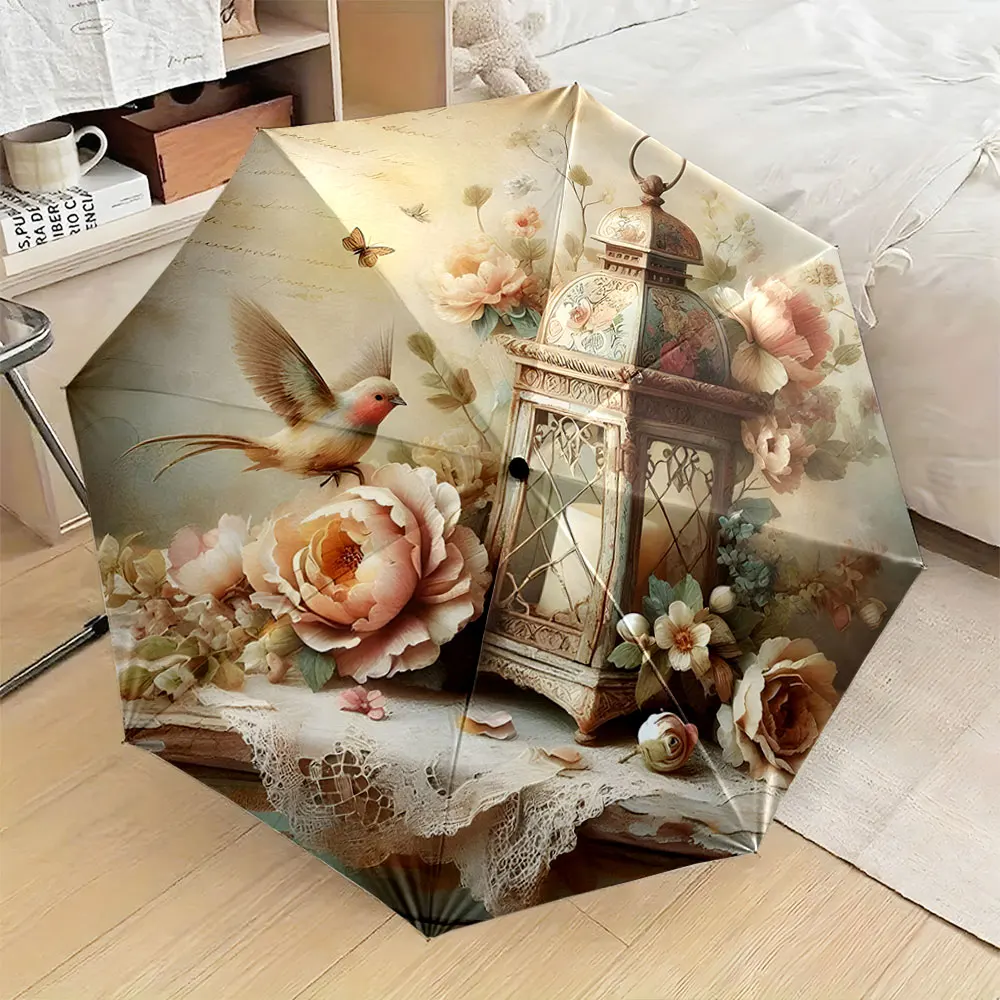 1PC Elegant Lantern and Bird on Floral Umbrella Print 8 Iron Ribs Folding Umbrella Auto-Open Fashion Sunshade