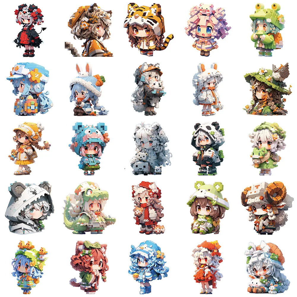 10/30/50Pcs Cartoon pixel style Q-version animal girl sticker For Suitcase Skateboard Laptop Luggage Phone Styling DIY Decal