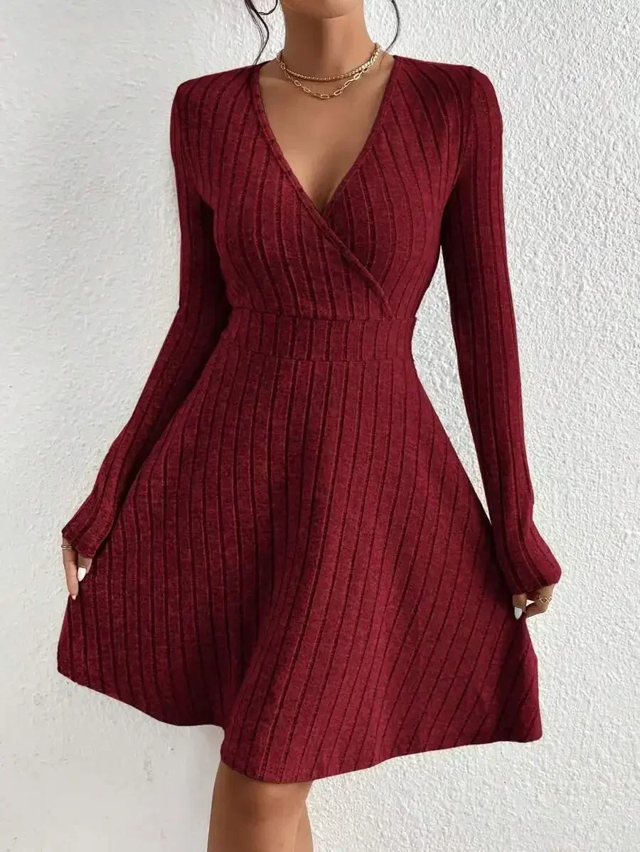 

Ribbed Deep V-Neck Wrap Long Sleeve A-Line Dress Solid Burgundy Casual Elegant