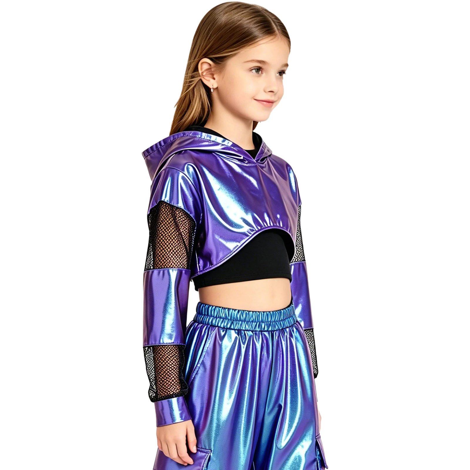 Teen Girls Metallic Hip-hop Jazz Dance Hoodie Crop Top Mesh Long Sleeve Hooded Pullover Sweatshirt School Stage Show Streetwear