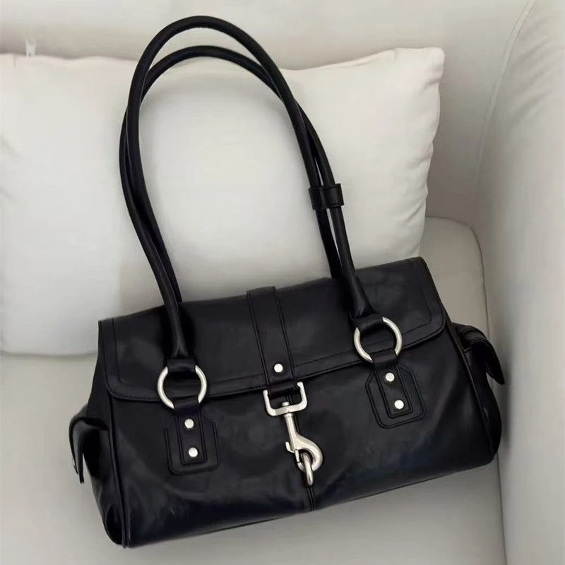 Women Retro PU Leather Shoulder Bag Vintage Metal Buckle Cylinder Handbag Large Capacity Casual Daily Satchel Purse