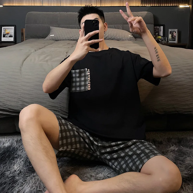 Plus Size Korean Pijamas Men 2 Pieces Set Sleepwear Pullover Short Sleeves Tops Shorts Man Homewear Pjs Casual Nightwear