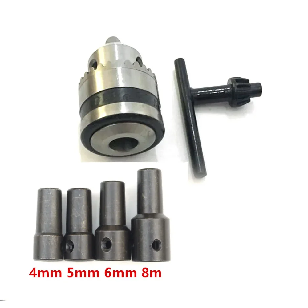 

Mini Electric Drill Chuck 0.6-6mm Mount B10 Taper with 4mm/5mm/6mm/8mm Connector Rod Motor Shaft Key Wrench Power Tools