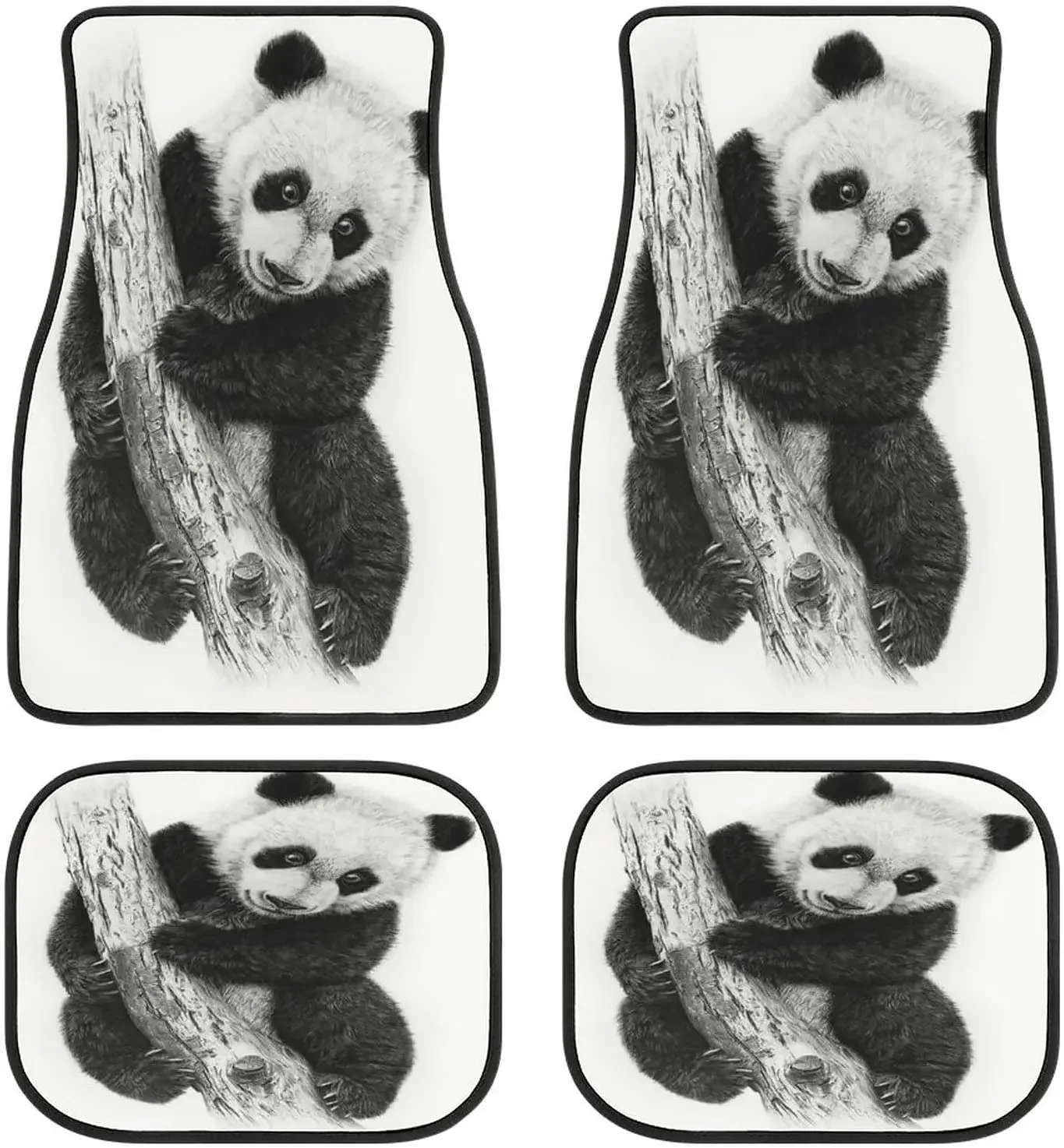 Animal Giant Pands Car Mats Black and White Universal Drive Seat Carpet Vehicle Interior Protector Mats Funny Designs All-Weathe