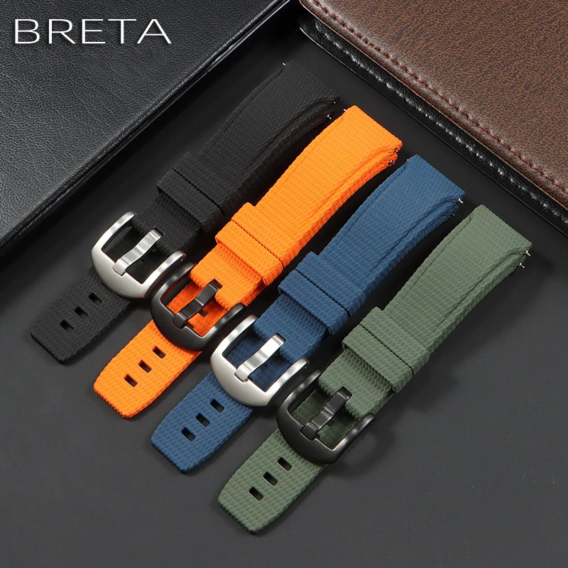22mm Nylon Grain Fluoro Rubber Curved End Watch Band Fit for Breitling Chronomat Avenger Longines HydroConquest Montblanc Union view 5