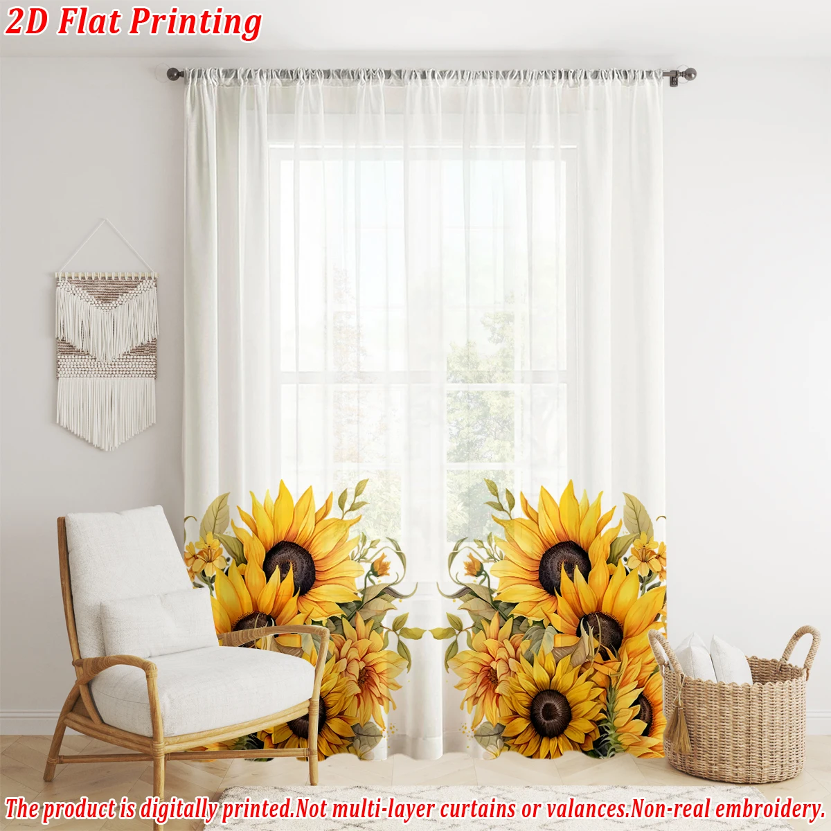 Sunflower Sheer Curtain，Light Fabric，for Living Room Bedroom Home Door and Window Decor