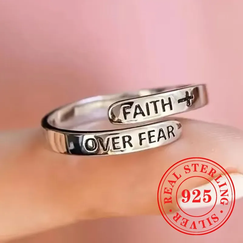 Huitan 925 Sterling Silver Opening Ring for Female Adjustable Accessories Engraved Letter Faith Over Fear Lucky Jewelry Gift