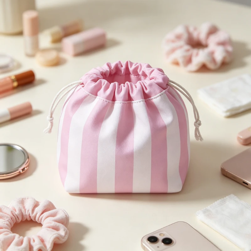 Stripe Contrasting Color Bundle Mouth Makeup Bag Large Capacity Portable Drawstring Makeup Storage Travel Toiletry Bag