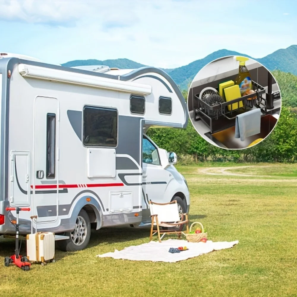 1pc scolapiatti in spugna nera con supporto per strofinacci, portaoggetti per lavello in acciaio inossidabile per spugna piatto sapone spazzole per strofinacci stracci