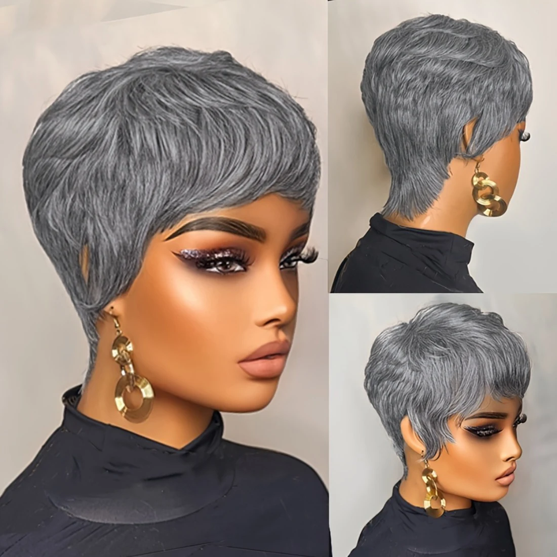 

Короткий стрижка пикси, серый новый удобный парик, парик из натуральных волос для женщин, парик машинного производства