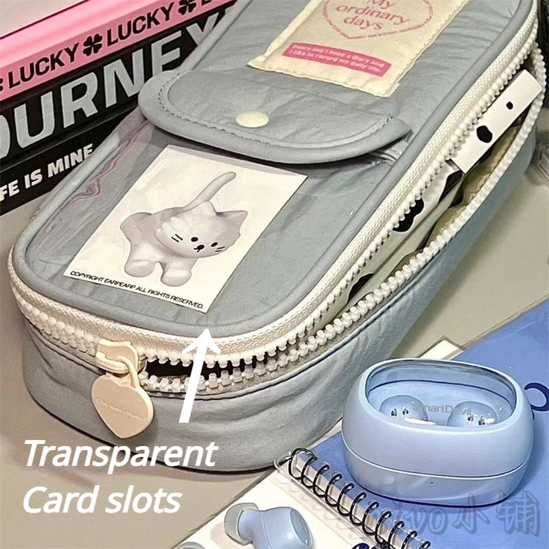 Cute Japanese Ins Small Fresh Simple Pencil Case Art Retro Large Capacity Girl Pen Bag with Clear Card Pocket Heart Shape Zipper