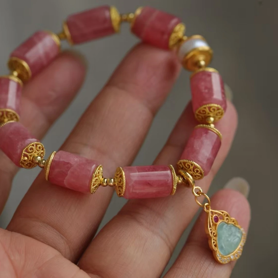 

Natural Red Rhodochrosite Bracelet Gemstone Jewelry 9.5mm Buddha Pendant Clear Round Beads Stretch Men Women Jewelry AAAAA