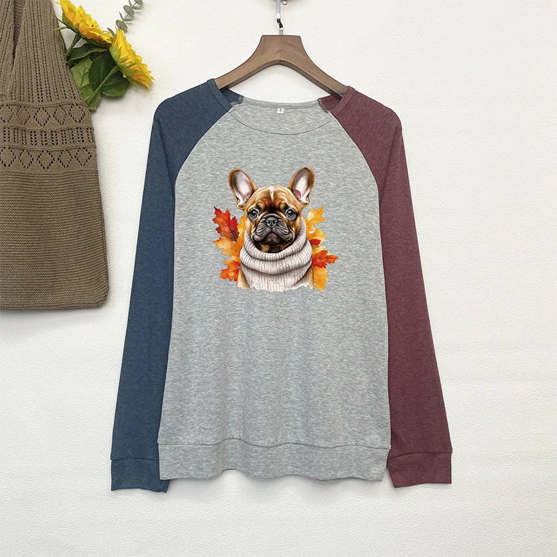Women's Long Sleeved T-shirt Color Blocking Round Neck Dog Print Elastic T-shirt Fashion Casual Loose Top Harajuku Clothes