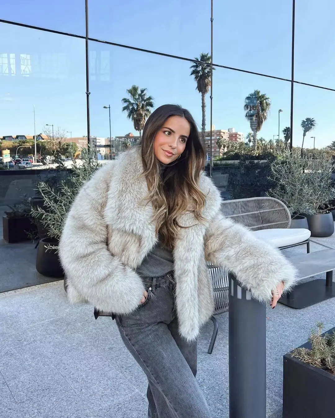 European and American style artificial fur effect warm coat women\'s winter new large lapel jacket top