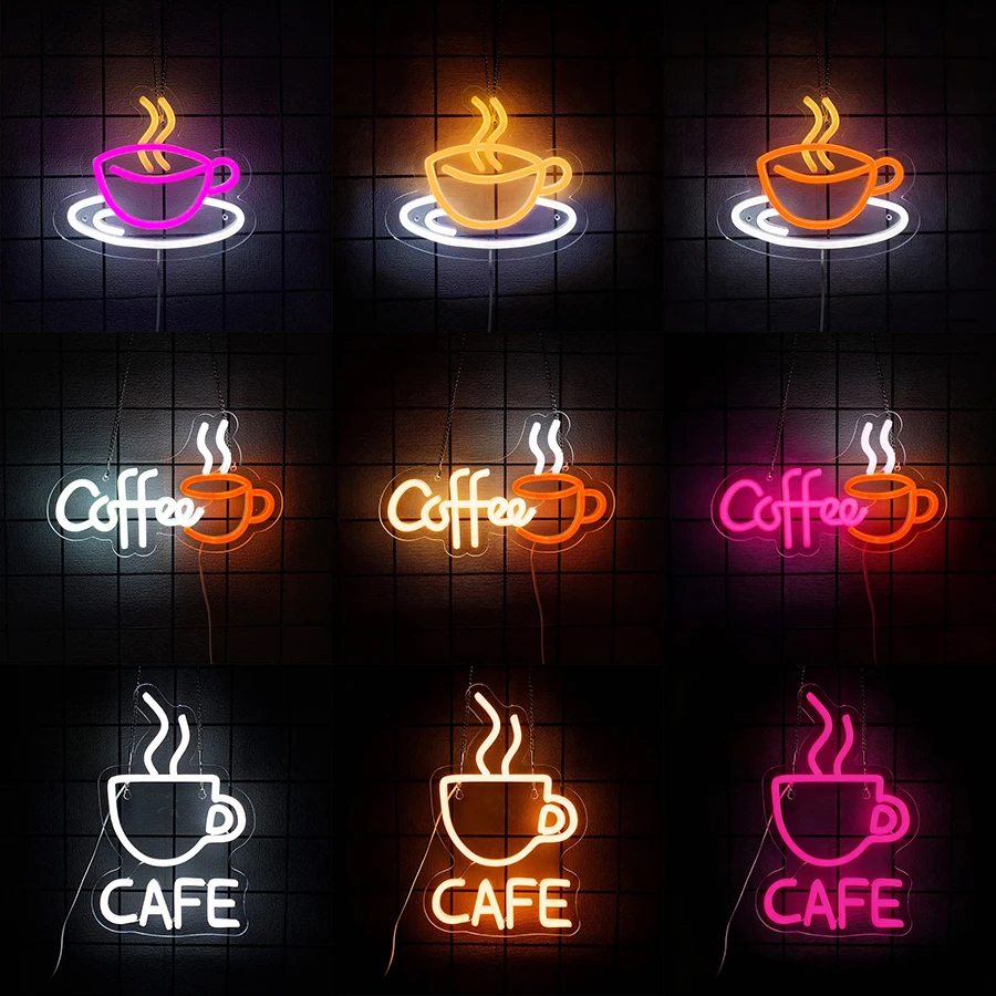 Letreiro Neon de Café, Luz LED Neon em Formato de Xícara de Café para Decoração de Parede de Cafeteria, Letreiro Iluminado para Estação de Café, Cafeteria, Cozinha, Festa