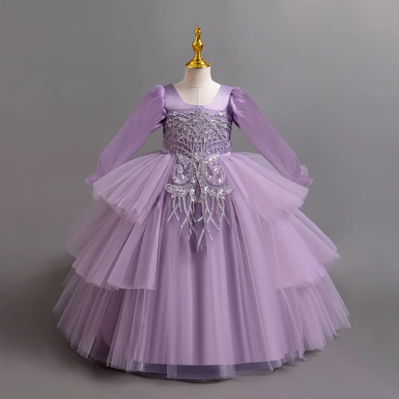 Children's long sleeved dress princess dress party performance multi-layer cake performance dress