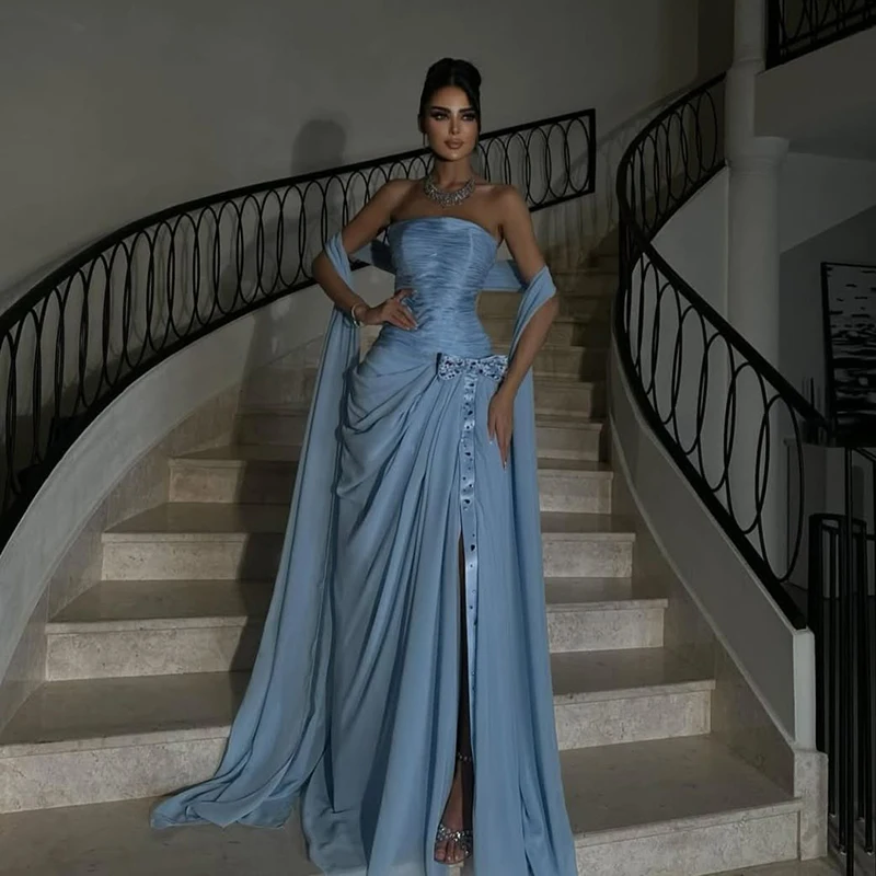 

Thinyfull Sexy A-Line Prom Evening Dresses Strapless Side Slit Beadings Party Dress Chiffon Night Cocktail Prom Gowns Customized