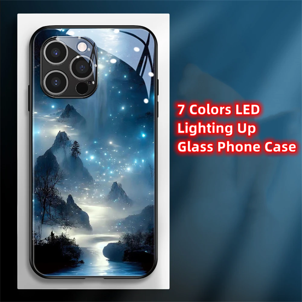2026 Pretty Galaxy Beach Smart LED Light Glow Tempered Glass Phone Case For iPhone Air 18 17 16 E 15 14 13 12 11 Pro Max
