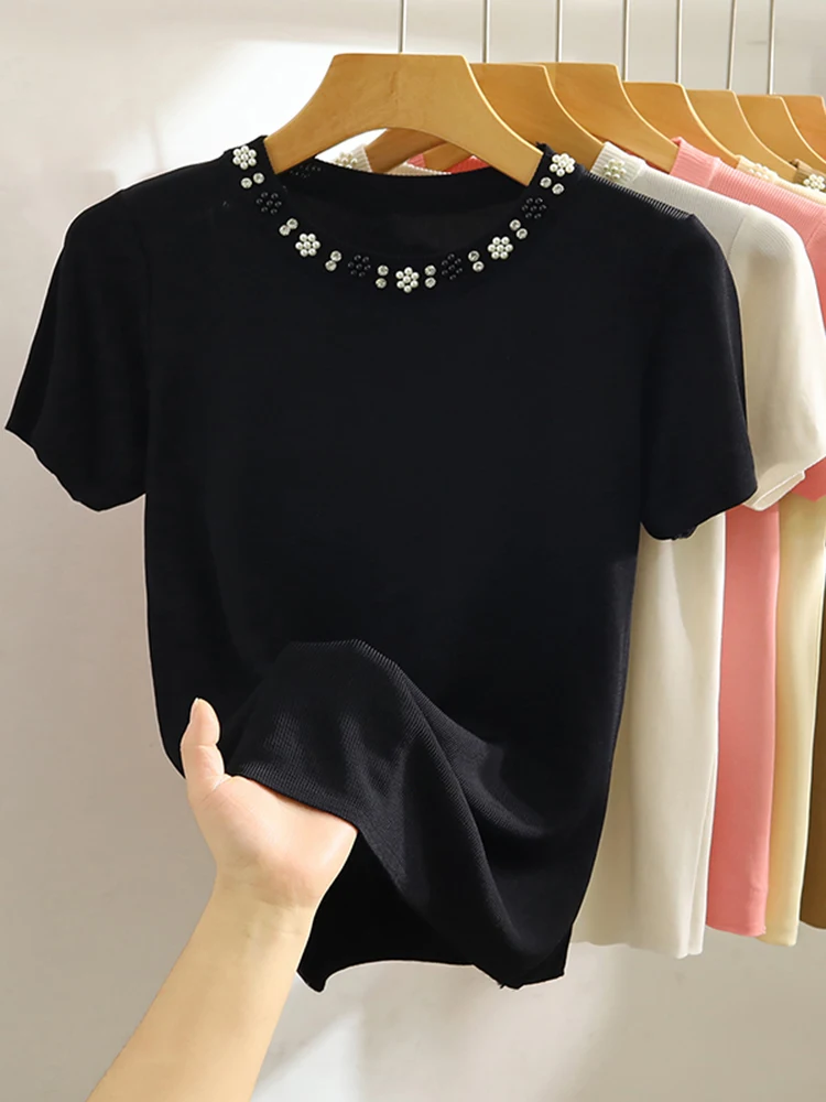 2024 Korea Knitted T-shirt Women Top Solid Y2K Summer New Fashion Female Sleeveless Beading Casual Thin Tops White Black