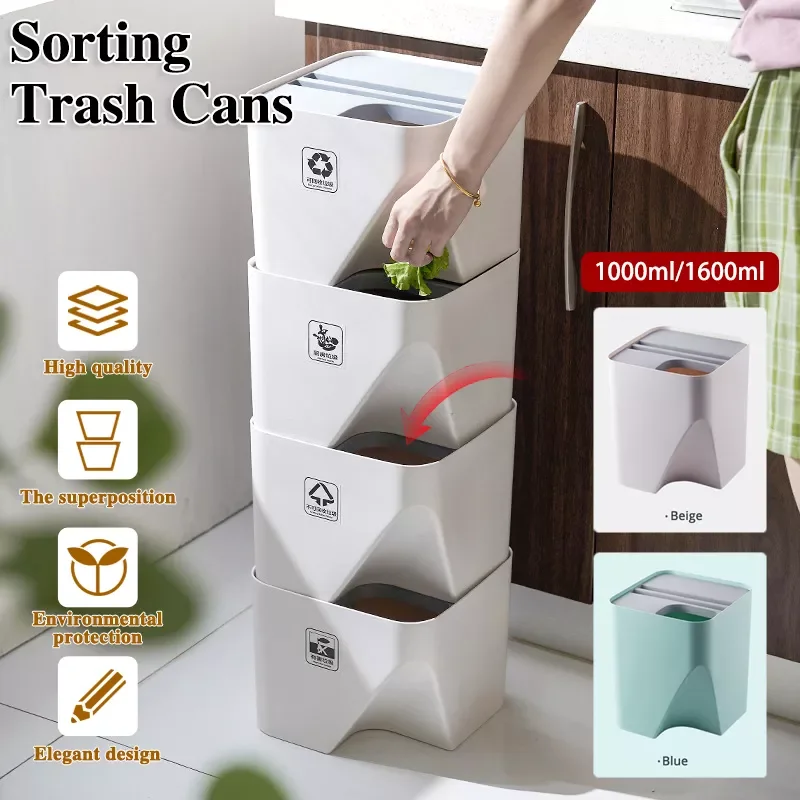 Stackable Trash Can for Kitchen, Stackable, Sorting Ashcan, Recycling Bin, Dry Wet Separation, Rubbish Bin for Bathroom