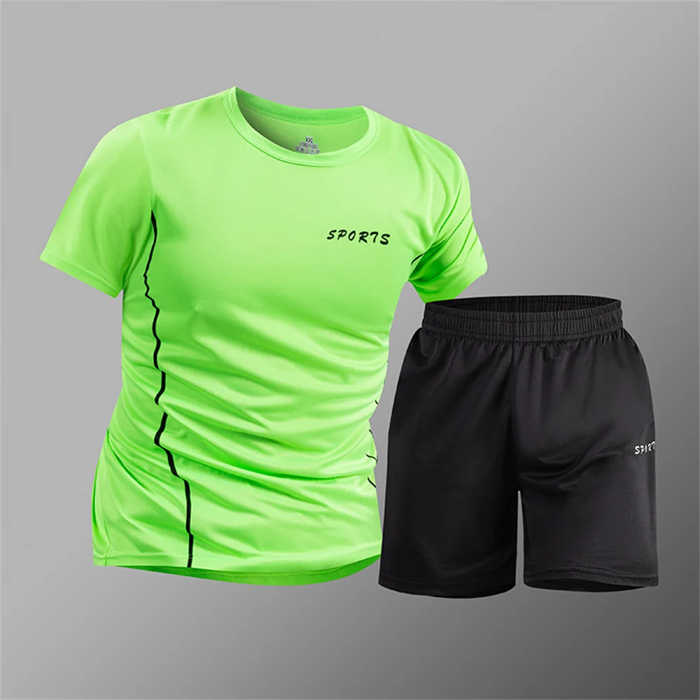 

Summer Men's Sports Set Quick Dry Short Sleeve T-shirt + Shorts Tracksuit Gym Fitness Running Workout Casual Sportswear for Male