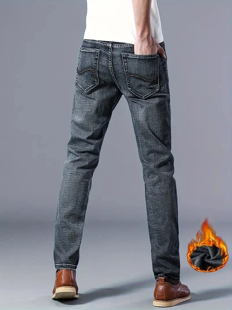 Pantaloni in denim da lavoro in flanella calda termica elasticizzata dritta in pile invernale Abbigliamento di marca maschile Jeans da uomo d'affari alla moda