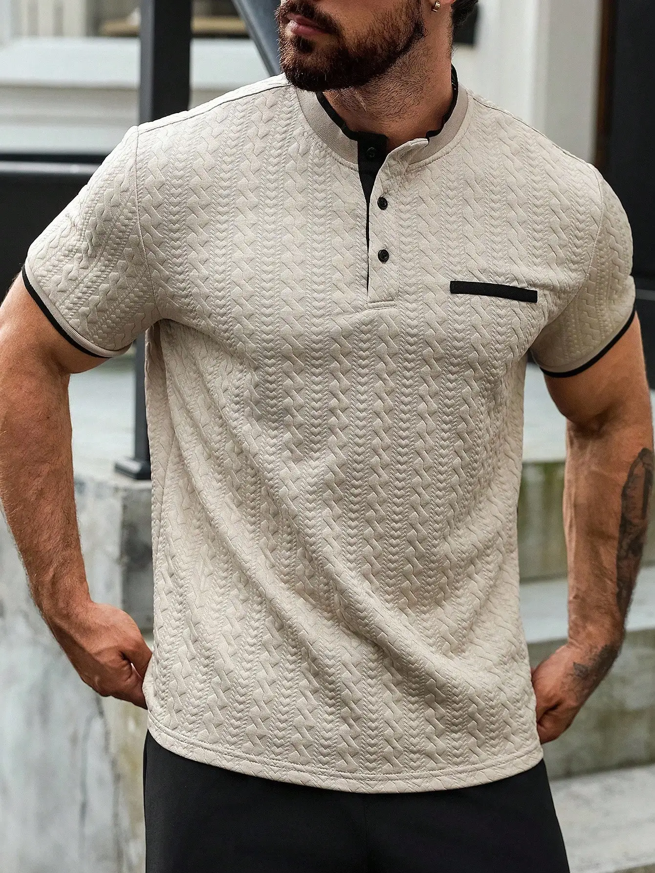 

Men's Textured Knit Henley Shirt with Contrast Trim, Casual Short Sleeve
