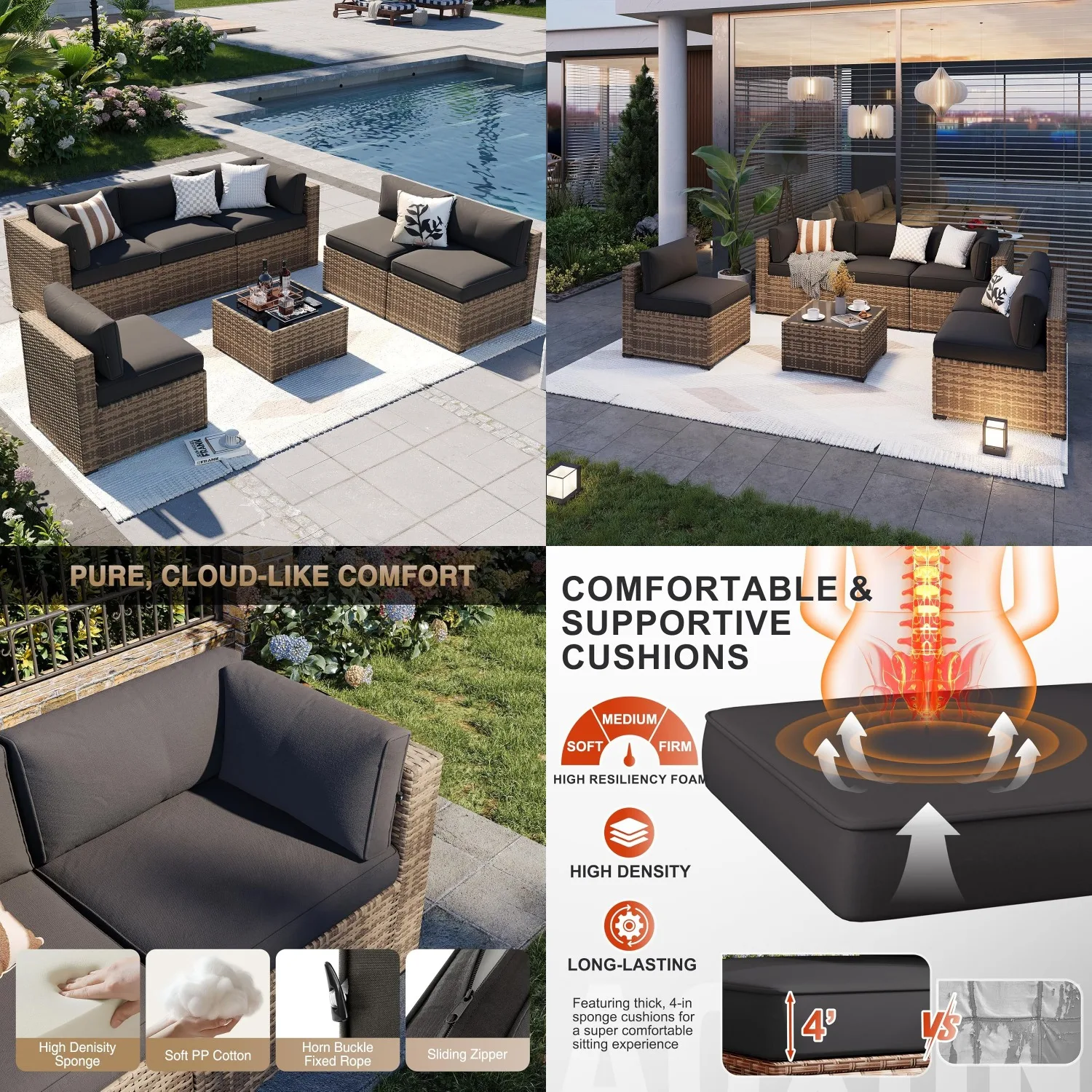 

7-Piece Patio Furniture Set Thick Cushioned Wicker Sectional Sofa Backyard Poolside Garden, Customized