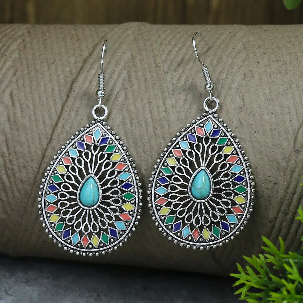 Vintage Ethnic Drop Oil Round Water Drop Dangle Earrings for Women Colorful Tassel Leaf Geometric Earrings Pendientes Mujer Boho