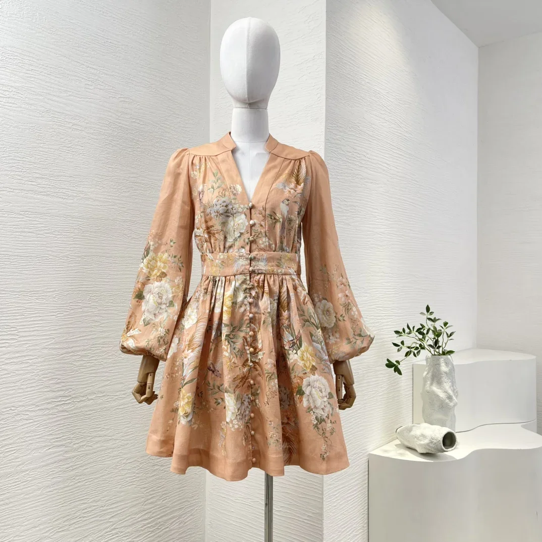 Beach Style Spring Summer High Quality 2025 Elegant Floral Print Pure Linen Long Lantern Sleeve Women Mini Dress