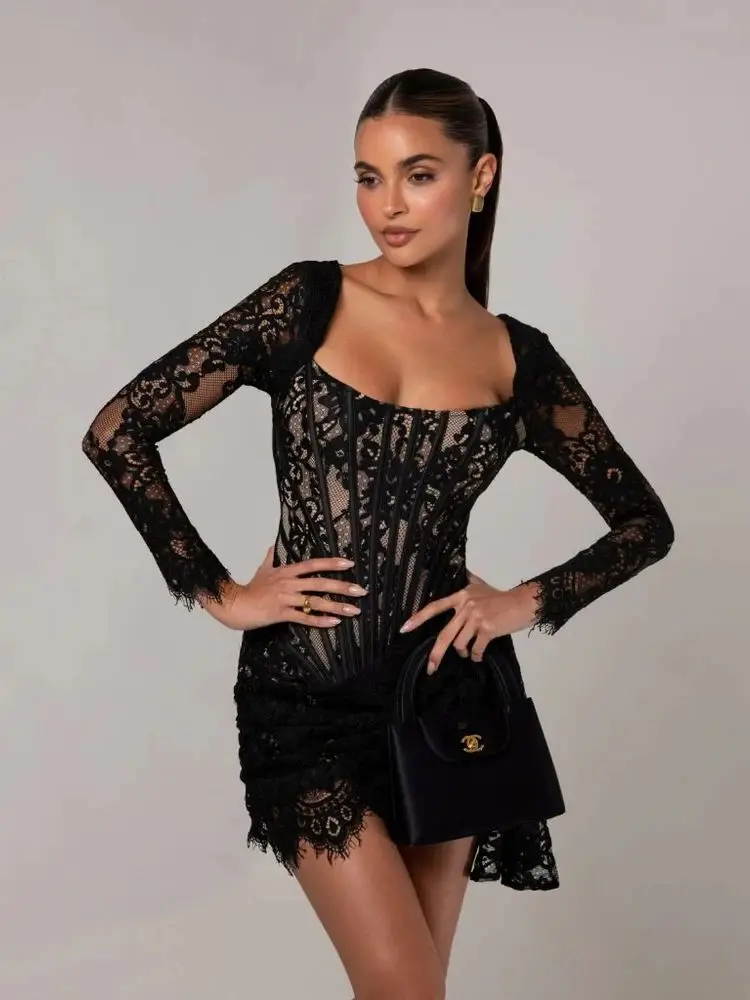 

New Chic Sexy Strapless Black White Lace Women Mini Gowns Dress Birthday Party Evening Stage Performance Dress Vestido