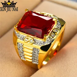 Anillo de compromiso con piedra roja s925 para hombre, sortija con relleno de oro amarillo de 18kt, Estilo Vintage, ideal como regalo de boda