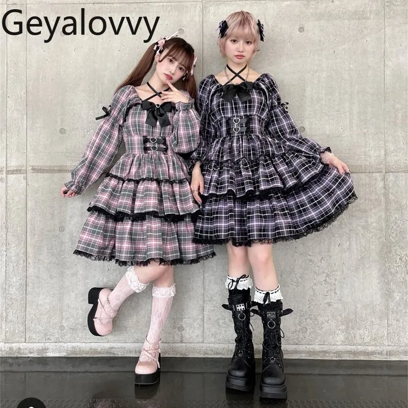 

Japanese Style New Sweet Cute Girls Plaid High Waist Slimming Dress Spring Autumn Bow Long Sleeve Halter Cake Lace Dresses